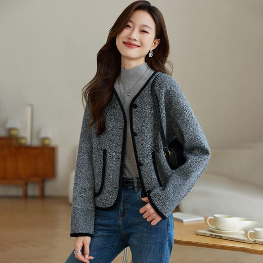 CC-J882圆领正肩短款呢子羊毛大衣女2024春秋韩版宽松气质小香风毛呢外套 商品图3