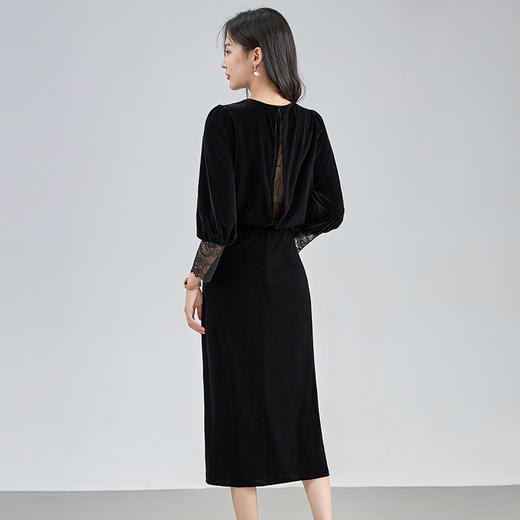 法式名媛风交叉V领拼接，提花蕾丝丝绒连衣裙WLZD-2429403 商品图1