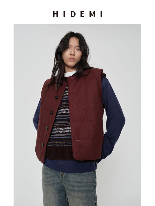 HIDEMI 【辛芷蕾同款】极简立领灯芯绒拼接绗缝菱格纹夹棉保暖棉服 黑色/酒红色 马甲背心/长袖外套 商品图9
