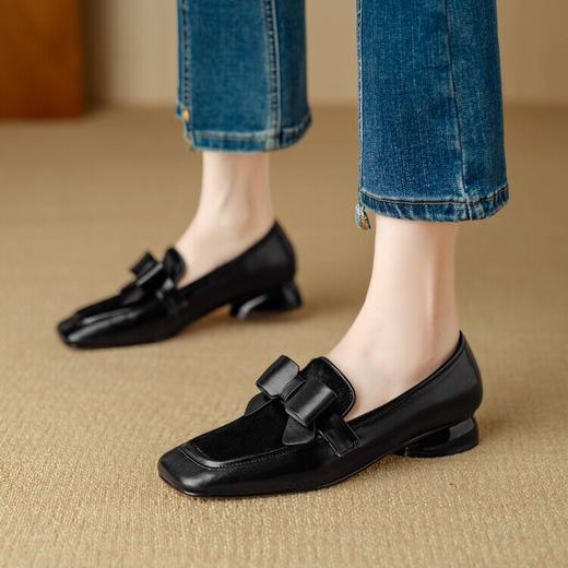 【预售5天】时尚方头中粗跟单鞋，蝴蝶结英伦风乐福鞋休闲小皮鞋NJMK&K1155 商品图4