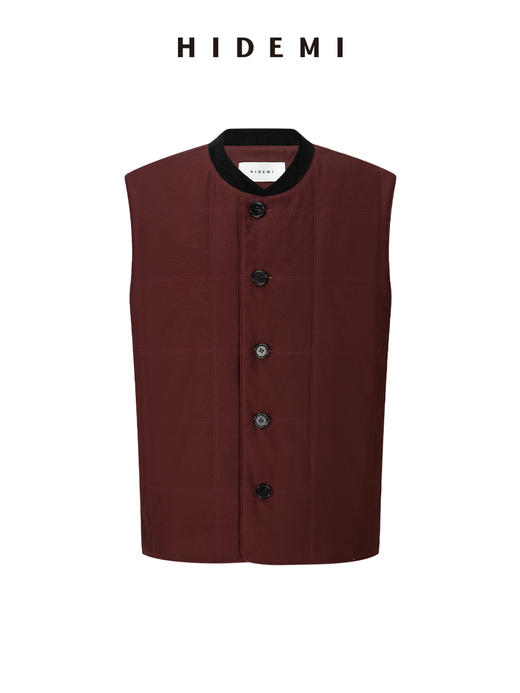 HIDEMI 【辛芷蕾同款】极简立领灯芯绒拼接绗缝菱格纹夹棉保暖棉服 黑色/酒红色 马甲背心/长袖外套 商品图14