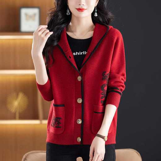 CC-26-8191连帽毛衣外套女短款宽松卫衣韩版外穿春秋刺绣外搭针织棒球服开衫 商品图2