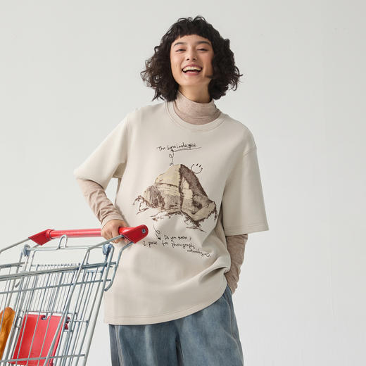 谜底厚款T恤短袖女士2024冬季新品百搭宽松绣花圆领上衣244MT1659 商品图0