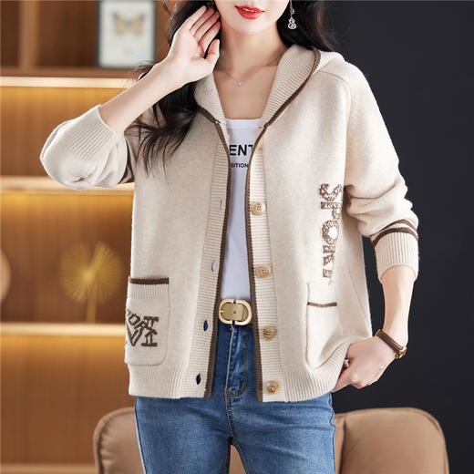 CC-26-8191连帽毛衣外套女短款宽松卫衣韩版外穿春秋刺绣外搭针织棒球服开衫 商品图0
