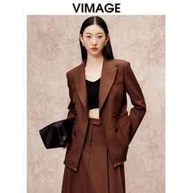VIMAGE纬漫纪冬季新款复古设计感咖色休闲宽松挺括西装外套V2203810