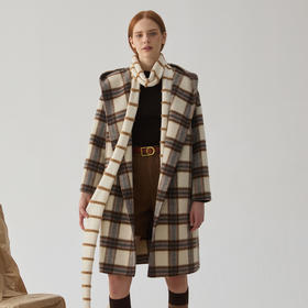 谜底毛呢大衣女士2024冬季新品复古风宽松格子呢子外套244MD1454