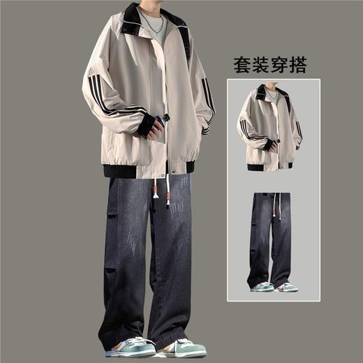 美式秋季立领外套男款潮牌休闲运动条纹夹克男生防风冲锋衣一整套 商品图1
