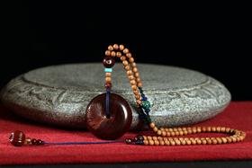 DQ0104°紫檀杏叶平安扣+老山檀香挂件