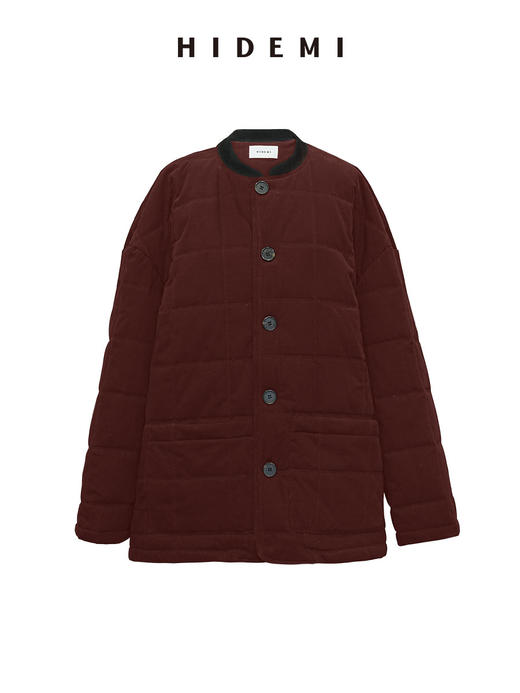 HIDEMI 【辛芷蕾同款】极简立领灯芯绒拼接绗缝菱格纹夹棉保暖棉服 黑色/酒红色 马甲背心/长袖外套 商品图12