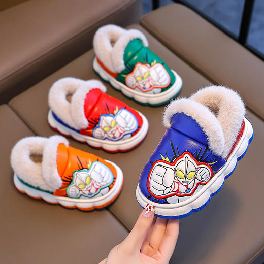 【奥特曼包跟保暖毛毛棉拖鞋】冬季男童PU防水厚底防滑儿童居家棉鞋 商品图3