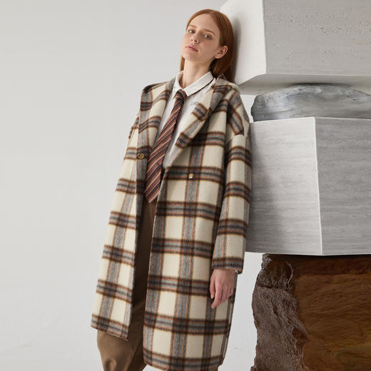谜底毛呢大衣女士2024冬季新品复古风宽松格子呢子外套244MD1454 商品图1