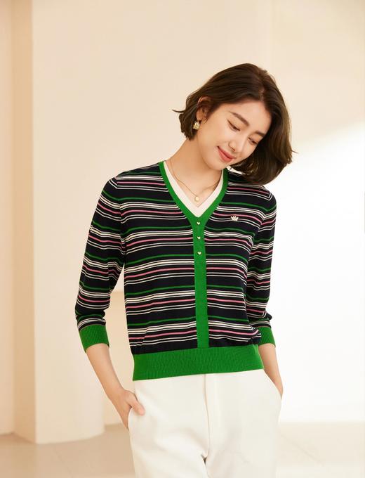 伯妮斯茵 | 复古撞色风 咖粉绿条纹 V 领假两件针织衫 春秋气质显瘦上衣 HJ3E08 商品图1