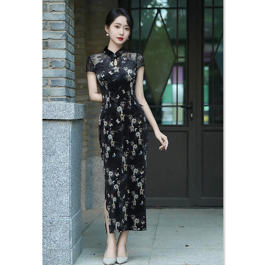 时尚改良新中式，丝绒蕾丝拼接露背性感旗袍GX-262675 商品图2