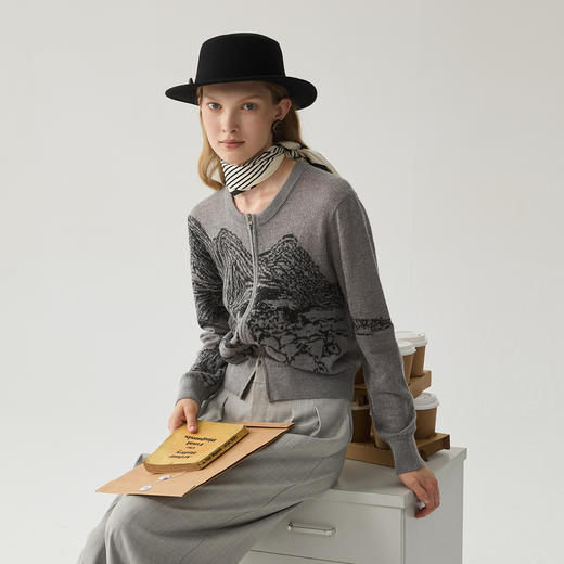 谜底拉链款针织开衫2024冬季新品复古提花短款保暖毛衣244MZ1872 商品图1