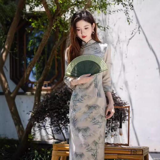 秋季新款曼丽绒侧八扣长款水墨画文艺修身七分袖旗袍SJT703 商品图3