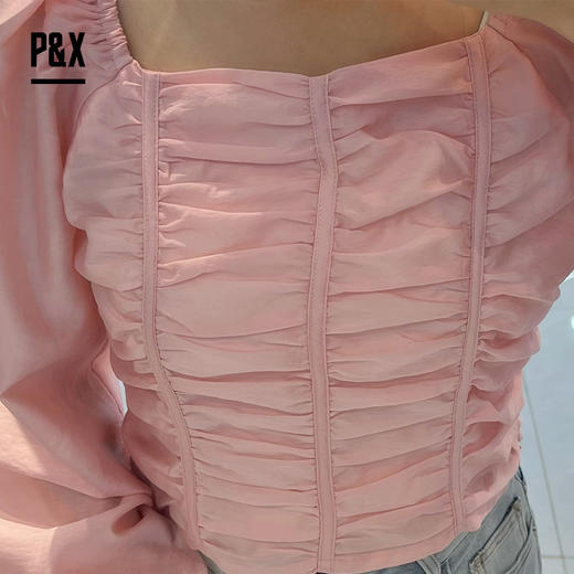 P&X设计师女装秋季方领长袖褶皱气质短款小衫 824328097 粉色 商品图2