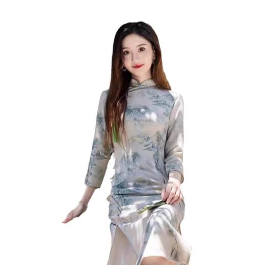 秋季新款曼丽绒侧八扣长款水墨画文艺修身七分袖旗袍SJT703 商品图4