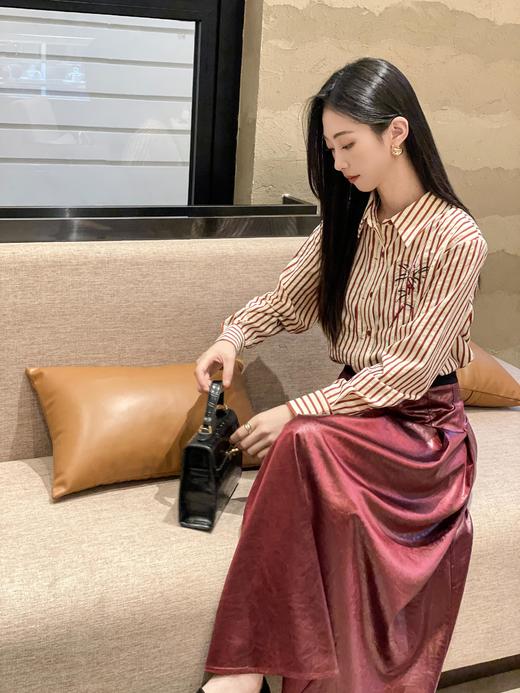 伯妮斯茵 | 复古休闲风 红白条纹刺绣衬衫 春秋气质百搭上衣 HJ3F50 商品图1