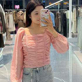 P&X设计师女装秋季方领长袖褶皱气质短款小衫 824328097 粉色