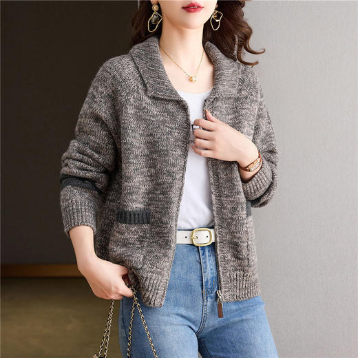 CC-26-8198翻领花线针织棒球服2024年秋季新款时髦拉链短款卫衣休闲毛衣外套 商品图1