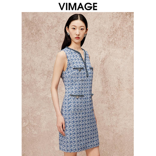 VIMAGE纬漫纪秋季新款气质V领显瘦小香风高级千金感无袖连衣裙V2207822 商品图3