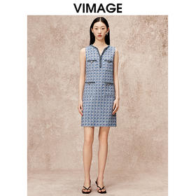 VIMAGE纬漫纪秋季新款气质V领显瘦小香风高级千金感无袖连衣裙V2207822