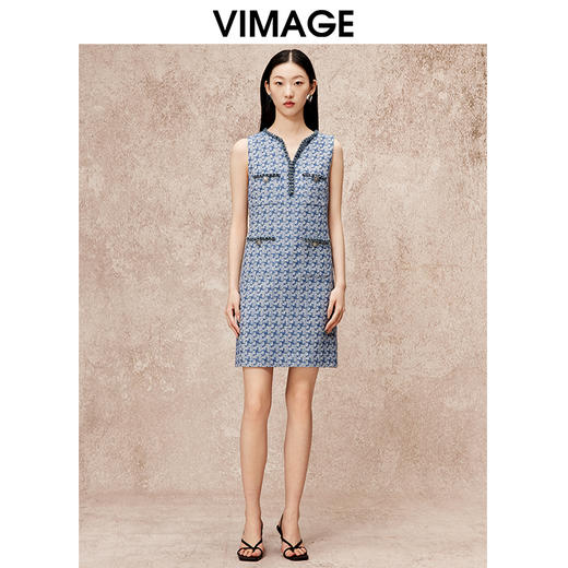 VIMAGE纬漫纪秋季新款气质V领显瘦小香风高级千金感无袖连衣裙V2207822 商品图0