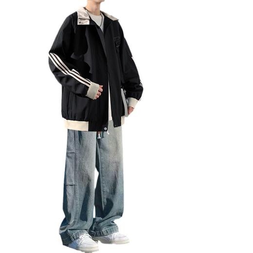 美式秋季立领外套男款潮牌休闲运动条纹夹克男生防风冲锋衣一整套 商品图4