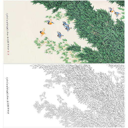 周彦生花鸟工笔画白描底稿《竹雀》临摹勾线高清打印稿A674 商品图0