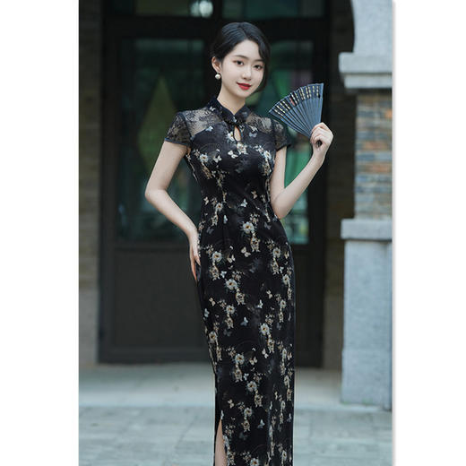 时尚改良新中式，丝绒蕾丝拼接露背性感旗袍GX-262675 商品图3