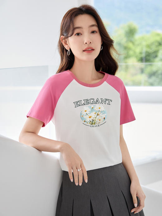 【专属特价】熙世界美式撞色插肩短袖T恤2025夏季新款时尚休闲圆领印花上衣 商品图1