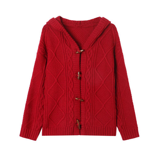 CC-26-8185连帽牛角扣毛衣外套女短款春秋2024新款宽松慵懒外穿粗线针织开衫 商品图4