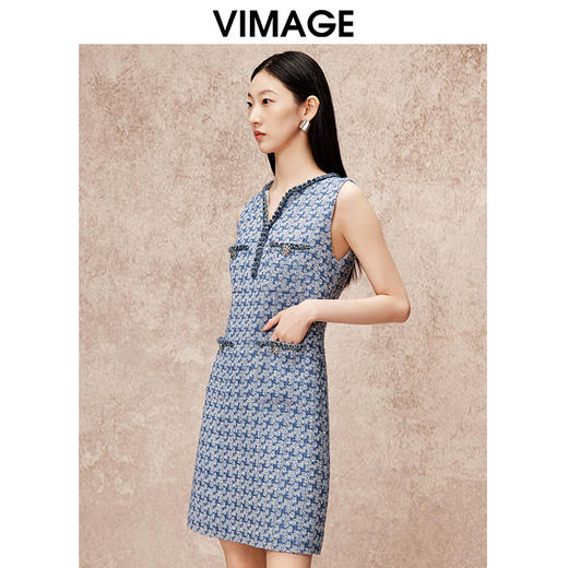 VIMAGE纬漫纪秋季新款气质V领显瘦小香风高级千金感无袖连衣裙V2207822 商品图2