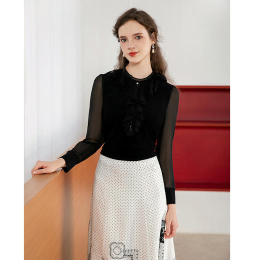 司歌弹力醋酸上衣套头荷叶蕾丝长袖T901244X 商品图0