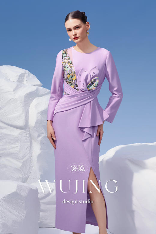 4202071 淡紫静怡 高级颗粒乱麻连衣裙 雾境 商品图0