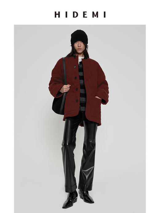 HIDEMI 【辛芷蕾同款】极简立领灯芯绒拼接绗缝菱格纹夹棉保暖棉服 黑色/酒红色 马甲背心/长袖外套 商品图7