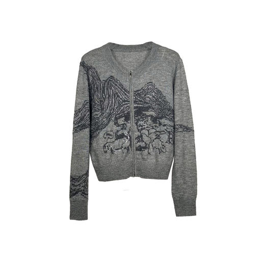 谜底拉链款针织开衫2024冬季新品复古提花短款保暖毛衣244MZ1872 商品图4