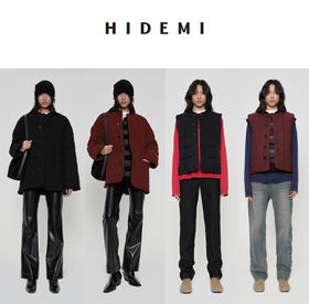 HIDEMI 【辛芷蕾同款】极简立领灯芯绒拼接绗缝菱格纹夹棉保暖棉服 黑色/酒红色 马甲背心/长袖外套