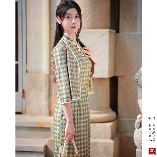 【韵华】复合平板印花旗袍套装复古民国风优雅气质新中式