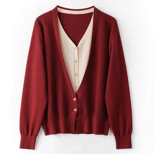 CC-J417秋冬薄款羊毛短款撞色拼接2024新款红色毛衣v领假两件针织衫外套 商品图4