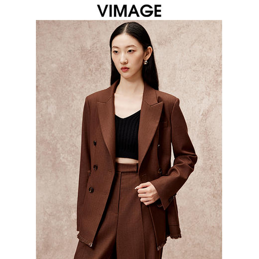 VIMAGE纬漫纪冬季新款复古设计感咖色休闲宽松挺括西装外套V2203810 商品图3