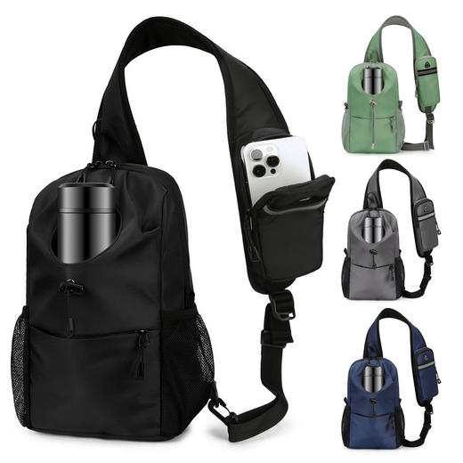 型男必备【都市休闲胸包】单肩斜挎包防水多功能胸包，休闲潮流百搭！2024新款胸包 运动休闲简约多功能 纯色机车斜跨水杯包 商品图2