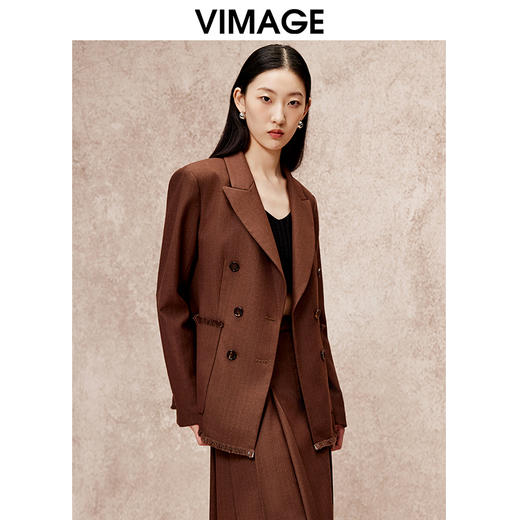 VIMAGE纬漫纪冬季新款复古设计感咖色休闲宽松挺括西装外套V2203810 商品图2