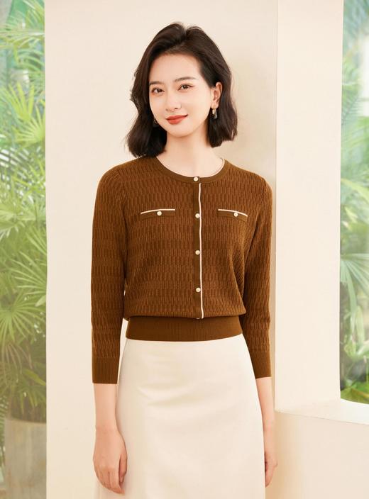 伯妮斯茵 | 复古小香风 焦糖色圆领假口袋针织开衫 春秋气质显瘦上衣 HJ3E06 商品图1