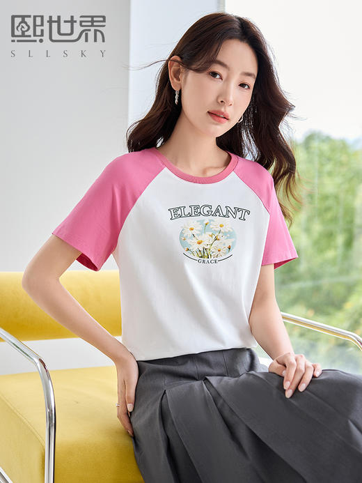 【专属特价】熙世界美式撞色插肩短袖T恤2025夏季新款时尚休闲圆领印花上衣 商品图0