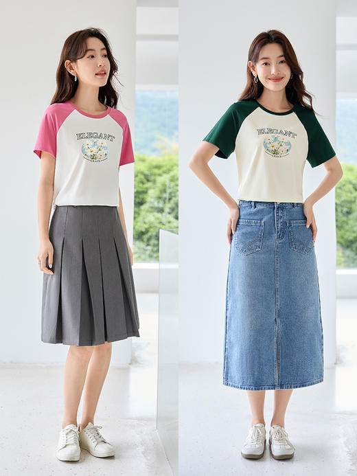 【专属特价】熙世界美式撞色插肩短袖T恤2025夏季新款时尚休闲圆领印花上衣 商品图3