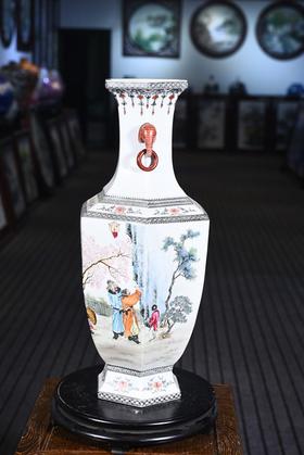 重工粉彩桃林夜宴双耳瓶