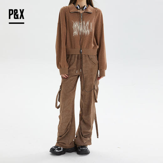 PX设计师女装美式高街工装直筒休闲运动宽松长裤 824309285 咖色 商品图3