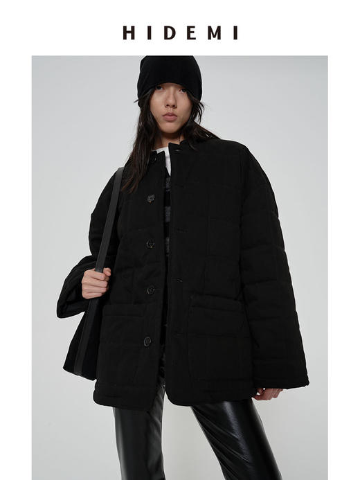 HIDEMI 【辛芷蕾同款】极简立领灯芯绒拼接绗缝菱格纹夹棉保暖棉服 黑色/酒红色 马甲背心/长袖外套 商品图5
