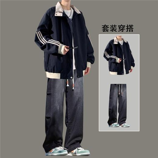 美式秋季立领外套男款潮牌休闲运动条纹夹克男生防风冲锋衣一整套 商品图3